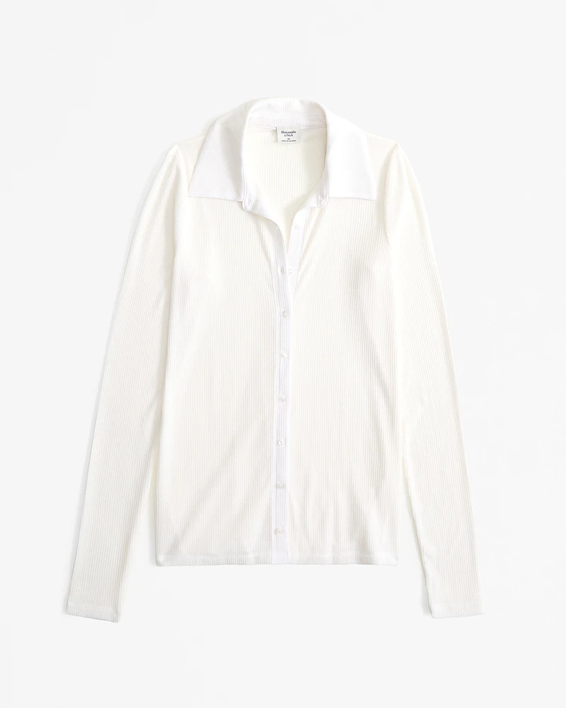 Long-Sleeve Slim Sheer Polo Button-Through Top
