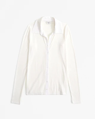 Long-Sleeve Slim Sheer Polo Button-Through Top