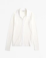 Long-Sleeve Slim Sheer Polo Button-Through Top