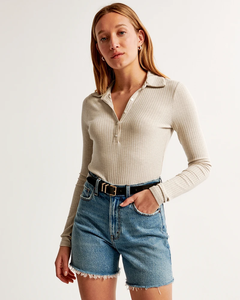 Long-Sleeve Wide Rib Polo Top