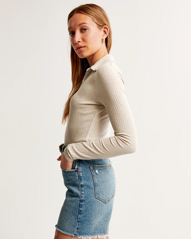 Long-Sleeve Wide Rib Polo Top