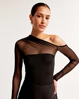 Long-Sleeve Lurex Mesh Asymmetrical Bodysuit