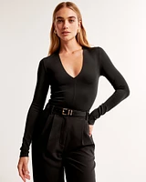 Long-Sleeve Sculpt Matte Fabric V-Neck Bodysuit