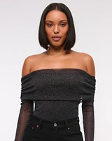 Long-Sleeve Off-The-Shoulder Mesh Bodysuit