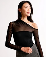 Long-Sleeve Asymmetrical Draped Mesh Bodysuit