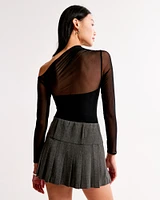 Long-Sleeve Asymmetrical Draped Mesh Bodysuit