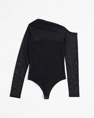 Long-Sleeve Asymmetrical Draped Mesh Bodysuit