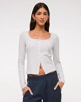 Long-Sleeve Cozy Lounge Knit Button-Through Top