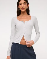 Long-Sleeve Cozy Lounge Knit Button-Through Top