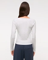 Long-Sleeve Cozy Lounge Knit Button-Through Top