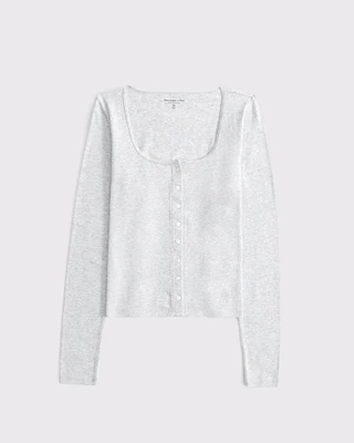 Long-Sleeve Cozy Lounge Knit Button-Through Top