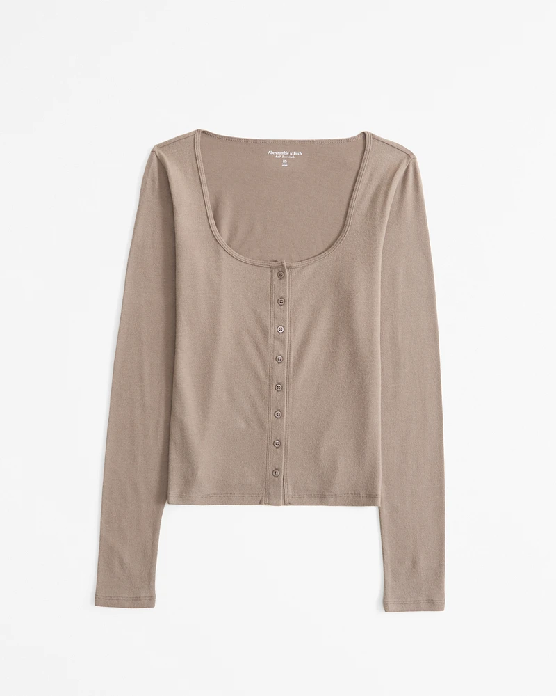 Long-Sleeve Cozy Lounge Knit Button-Through Top