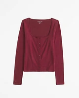 Long-Sleeve Cozy Lounge Knit Cropped Button-Through Top