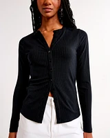 Long-Sleeve Button-Through Wide Rib Top