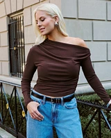 Long-Sleeve One-Shoulder Asymmetrical Draped Top