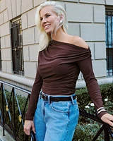 Long-Sleeve One-Shoulder Asymmetrical Draped Top