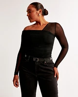 Long-Sleeve Mesh Draped Asymmetrical Top