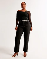 Long-Sleeve Mesh Draped Asymmetrical Top