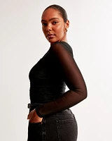 Long-Sleeve Mesh Draped Asymmetrical Top