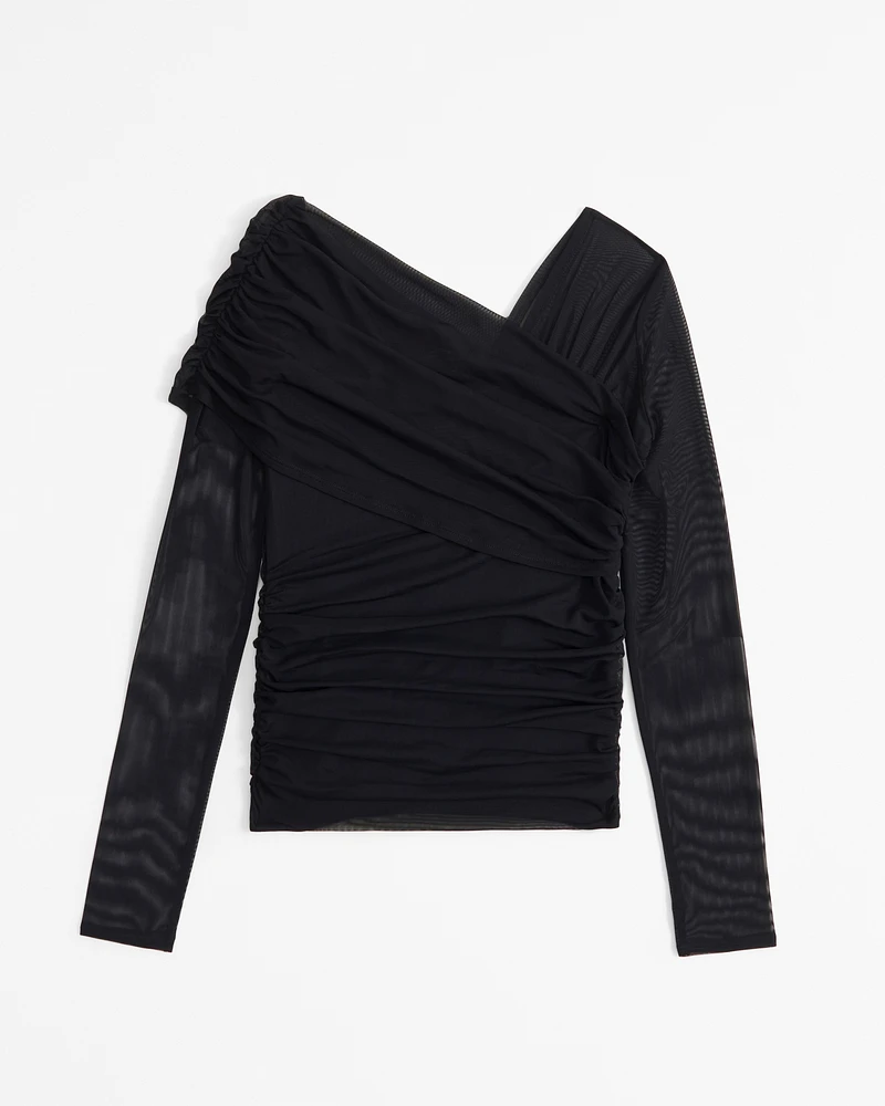 Long-Sleeve Mesh Draped Asymmetrical Top