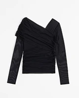 Long-Sleeve Mesh Draped Asymmetrical Top