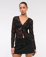 Long-Sleeve Lace Button-Through Top