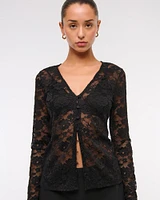 Long-Sleeve Lace Button-Through Top