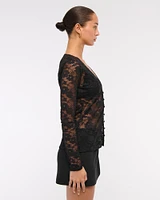 Long-Sleeve Lace Button-Through Top