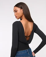 Long-Sleeve Draped Cowl Back Top