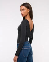 Long-Sleeve Draped Cowl Back Top