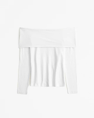 Long-Sleeve Cotton-Blend Seamless Fabric Tuckable Off-The-Shoulder Top