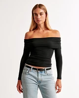 Long-Sleeve Cotton-Blend Seamless Fabric Tuckable Off-The-Shoulder Top