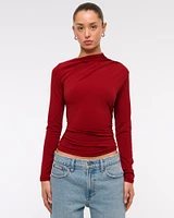 Long-Sleeve Draped Mockneck Top