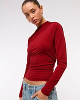 Long-Sleeve Draped Mockneck Top