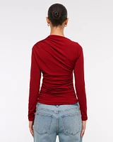 Long-Sleeve Draped Mockneck Top