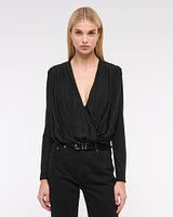 Long-Sleeve Draped Deep-V Bodysuit