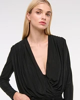 Long-Sleeve Draped Deep-V Bodysuit