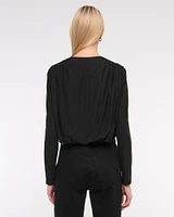 Long-Sleeve Draped Deep-V Bodysuit