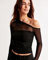 Long-Sleeve Mesh Ruched Asymmetrical Top