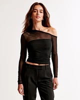 Long-Sleeve Mesh Ruched Asymmetrical Top