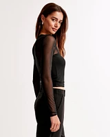 Long-Sleeve Mesh Ruched Asymmetrical Top