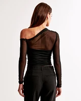 Long-Sleeve Mesh Ruched Asymmetrical Top