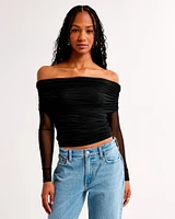 Long-Sleeve Off-The-Shoulder Mesh Top