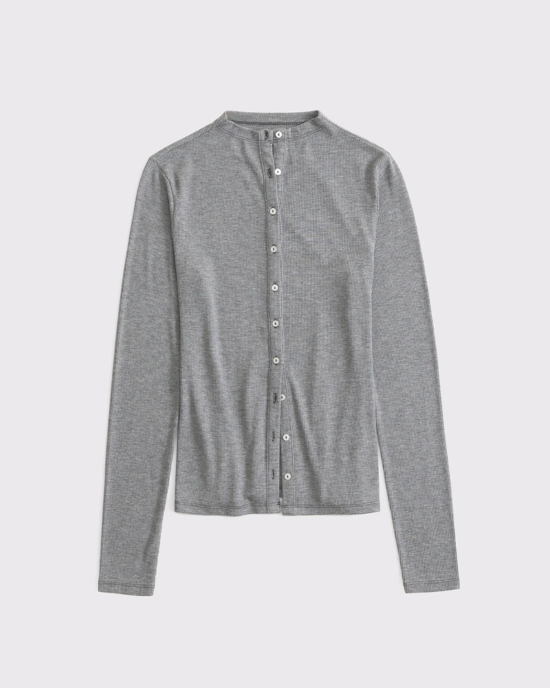 Long-Sleeve Mockneck Button-Through Top