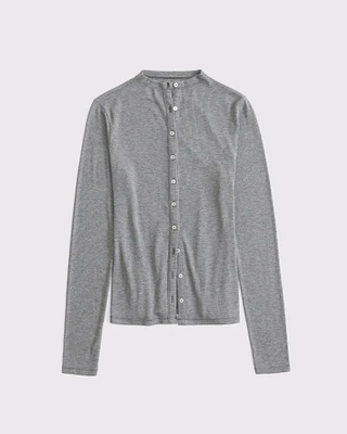 Long-Sleeve Mockneck Button-Through Top