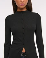 Long-Sleeve Mockneck Button-Through Top