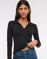 Long-Sleeve V-Neck Collared Top