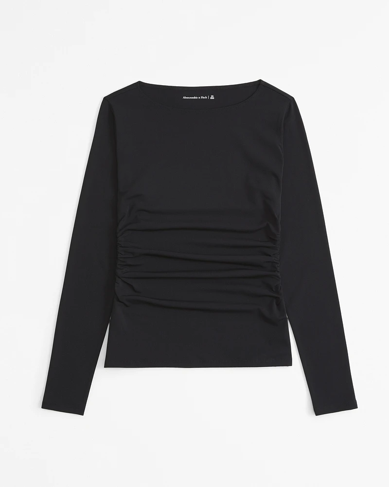 Long-Sleeve Stretch Crepe Slash Top