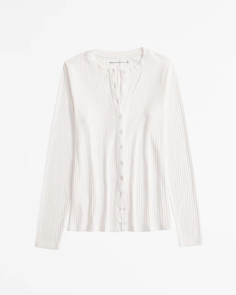 Long-Sleeve Button-Through Wide Rib Top