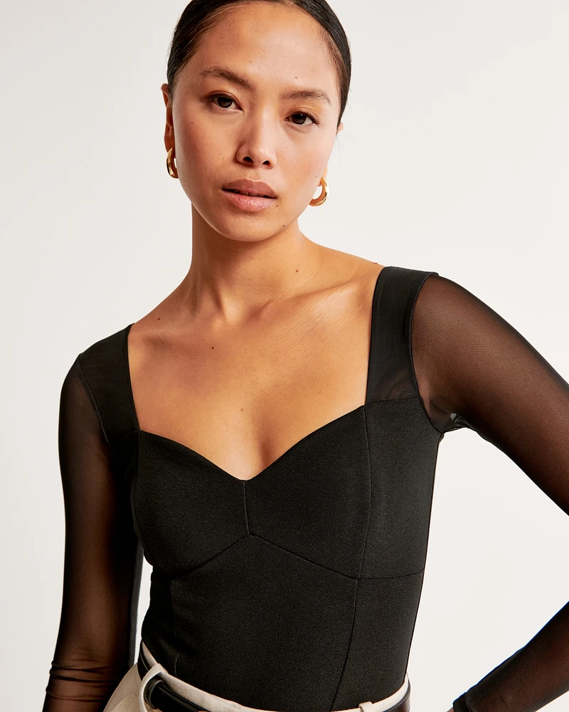 Long-Sleeve Mesh Crepe Sweetheart Bodysuit